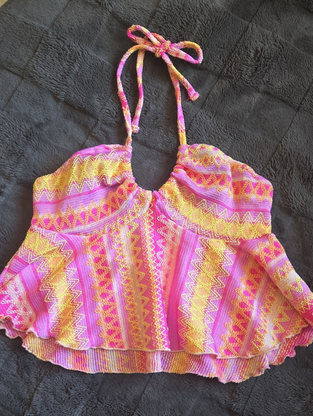 SHEIN Pink & Yellow Halter Knit Camisole with Zigzag Motif
